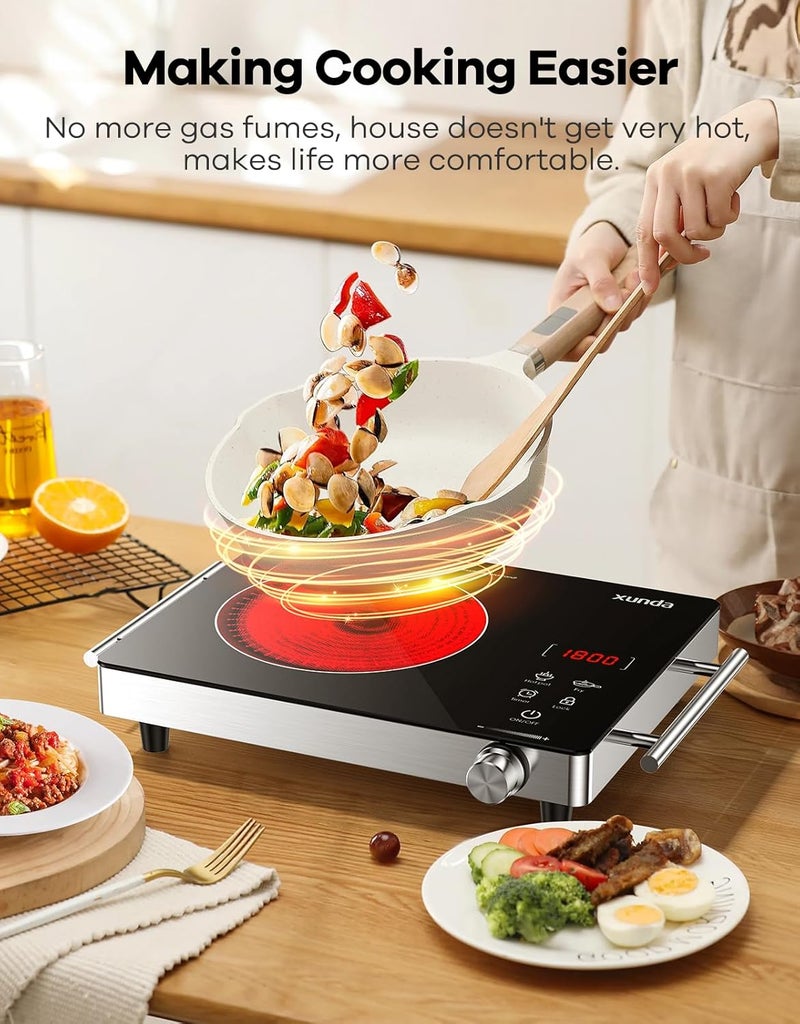 Xunda 1800W Portable Electric Stove, 110v Electric Burner with Carry Handle Hot Plate, Ceramic Infrared Single Burner Cooktop, Touch & Knob Control Timer, Safety Lock (Black) - Image 5